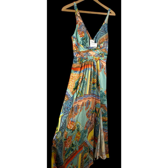 Shelli Segal Dress Gown Satiny Slip Paisley Slit Long Boho Forest Fairy Formal 2 - Picture 6 of 16